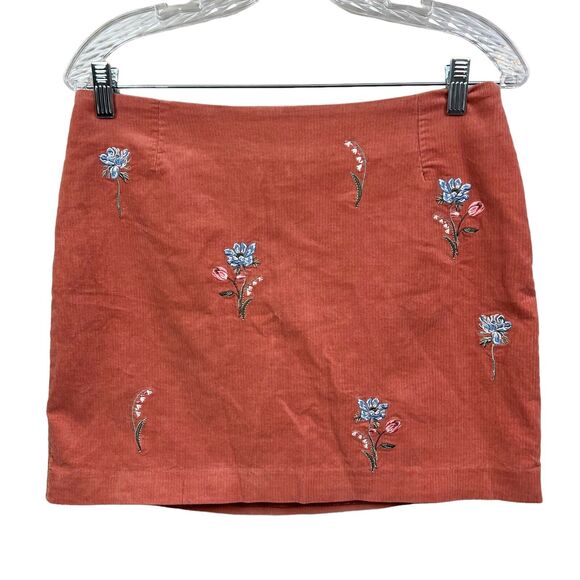 H&M Divided Womens Mini Corduroy Skirt Floral Embroidered Lined Coral Size 6 - Picture 1 of 6